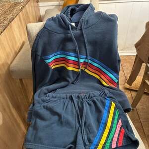 No Boundaries Navy Blue Rainbow Striped Fleece Hoodie and Shorts 2-Piece Lounge